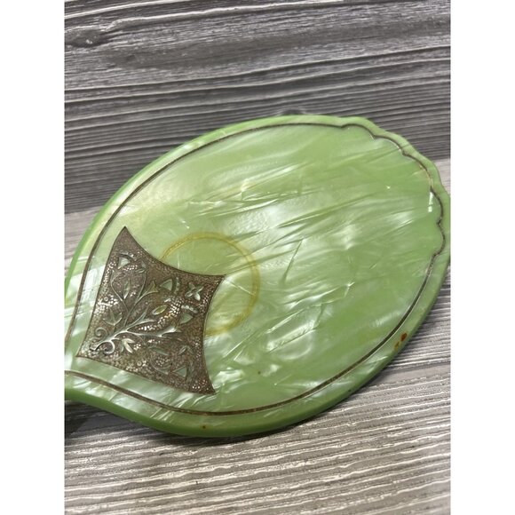 Celluloid Vanity Hand Mirror Green Art Deco Marble Look Embossed Vintage 12.5” - Picture 2 of 9